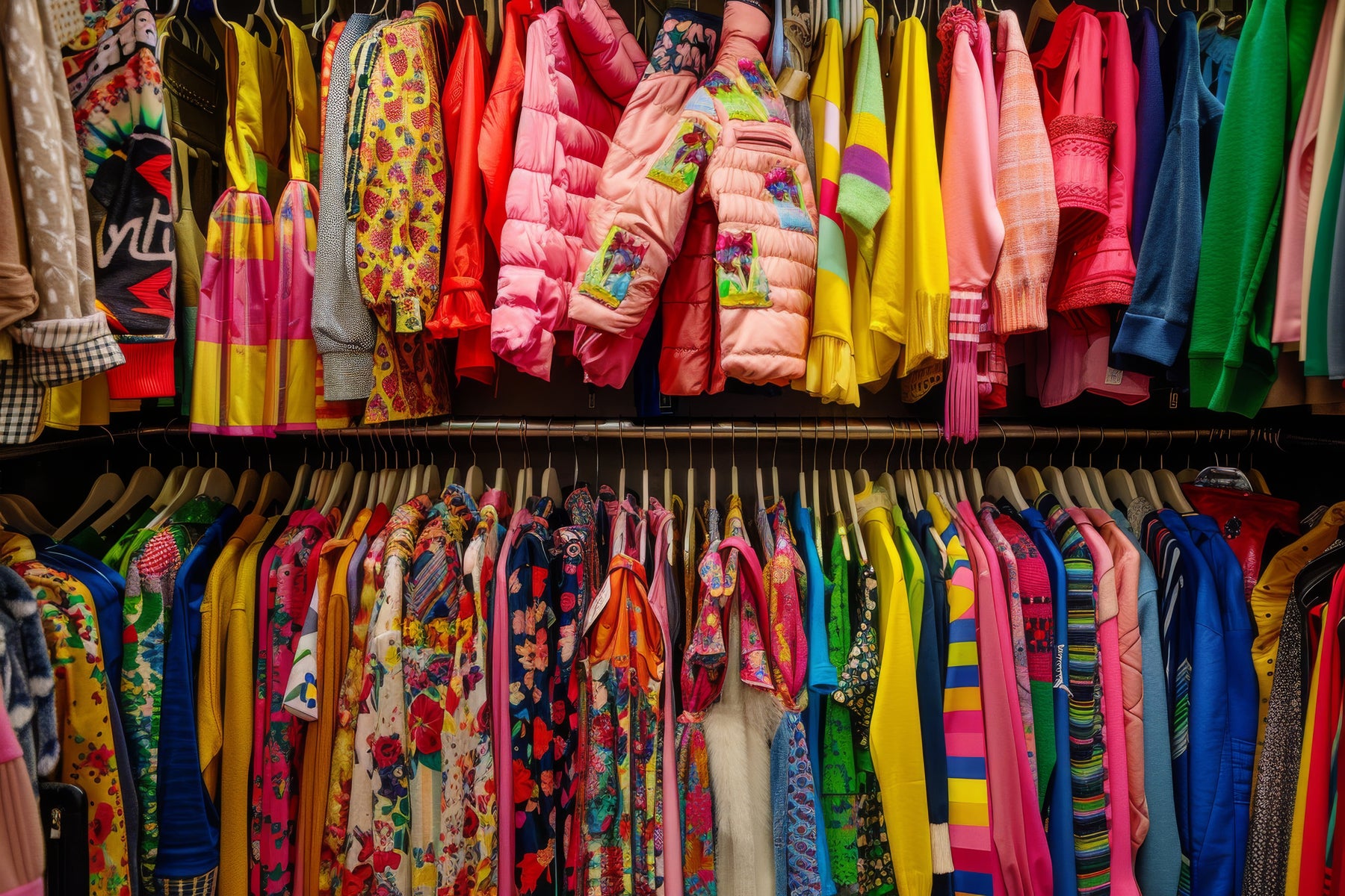 rack of clothes in storage.
