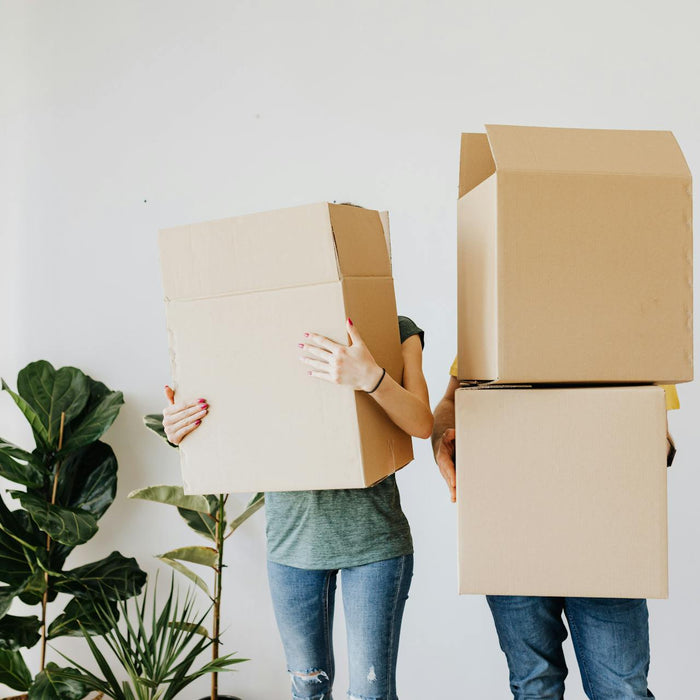 A couple carry boxes as they’re moving house. 